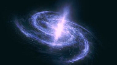 Sarmal galaksi yakınlarında kamera uçuşu. Soyut alan arkaplanı. Üç boyutlu dramatik sahne. 4k görüntü.