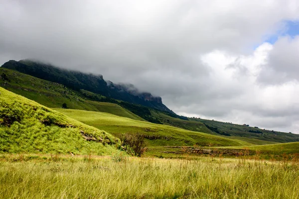 Dél Afrika Drakensberg Festői Panoráma Táj Zöld Síkon Bokrok Hegyek — Stock Fotó