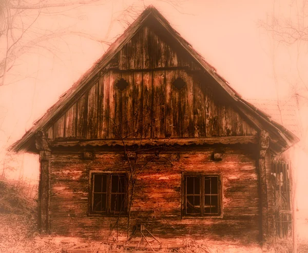 Monochrome red image of an abandoned lost old wood hut in a foggy spooky landscape in surreal vintage painting style
