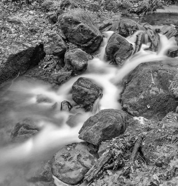 Monochromatyczne Czarno Biały Zewnątrz Długich Ekspozycji Mały Strumień Creek Zimie — Zdjęcie stockowe