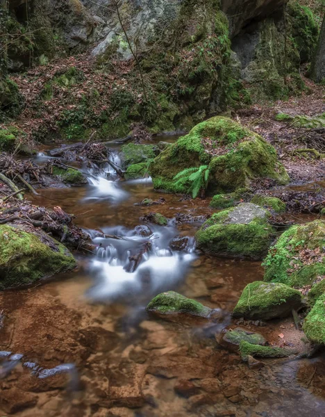 Farbe Freien Langzeitbelichtung Eines Kristallklaren Kleinen Baches Baches Winter Herbst — Stockfoto