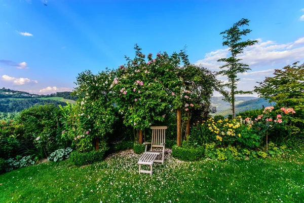 A chair to relax on in a garden under roses in sunny weather - an idyllic peaceful harmonic lovely beautiful place in a summer scene at a cozy living home, color image  taken on a sunny day with hills in the background