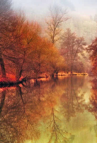 美術川沿いの牧歌的な静かな調和穏やかな霧の冬の夕暮れ 川タウバー水 ビンテージ絵画風 赤い黄金温かみのある色調 大気風景の印象を反映した木 — ストック写真