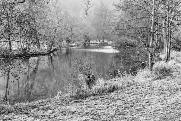 Idyllic Fine Art River Tauber Impressão Inverno Monocromático Com Árvores — Fotografia de Stock