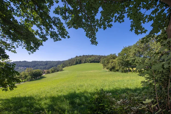 Kleur Buiten Idyllische Zomer Landschap Met Een Weg Boerderij Veld — Stockfoto