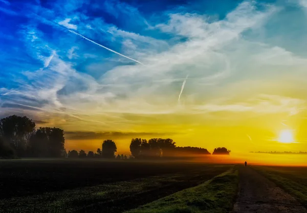 Foggy Automne Bleu Doré Couleur Glorieuse Lever Soleil Sur Paysage — Photo