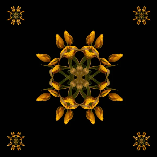 精美的艺术花卉装饰和对称的颜色模式装饰 曼陀罗制成的黄色绿色郁金香在黑色背景在复古绘画风格 — 图库照片