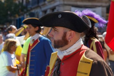 Barcelona, Katalonya, İspanya, 11 Eylül 2017: İsyan sırasında ulusal Catalonia claming Katalan bayrakları ile Catalunya Barcelona bağımsızlık günü sokakta insanlar. Editoryal resim yazısı.