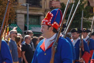 Barcelona, Katalonya, İspanya, 11 Eylül 2017: İsyan sırasında ulusal Catalonia claming Katalan bayrakları ile Catalunya Barcelona bağımsızlık günü sokakta insanlar. Editoryal resim yazısı.