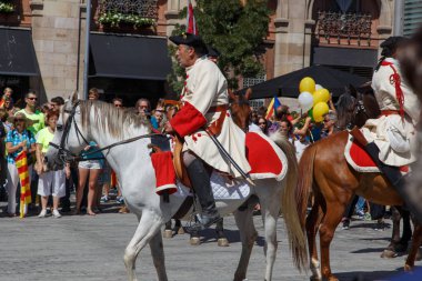 Barcelona, Katalonya, İspanya, 11 Eylül 2017: tarihi kültürel demostration Katalonya gelen Catalunya'nın bağımsızlığını ralli desteği ulusal gün boyunca sırasında.