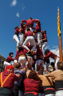 Barcelona, Katalonya, İspanya, 11 Eylül 2017: Catalunya'nın bağımsızlığını ralli desteği ulusal gün boyunca Castellers. Katalonya gelen bir gelenek Castellers.