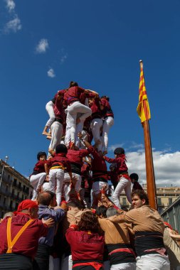 Barcelona, Katalonya, İspanya, 11 Eylül 2017: Catalunya'nın bağımsızlığını ralli desteği ulusal gün boyunca Castellers. Katalonya gelen bir gelenek Castellers.