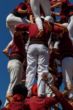 Barcelona, Katalonya, İspanya, 11 Eylül 2017: Catalunya'nın bağımsızlığını ralli desteği ulusal gün boyunca Castellers. Katalonya gelen bir gelenek Castellers.