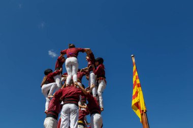 Barcelona, Katalonya, İspanya, 11 Eylül 2017: Catalunya'nın bağımsızlığını ralli desteği ulusal gün boyunca Castellers. Katalonya gelen bir gelenek Castellers.