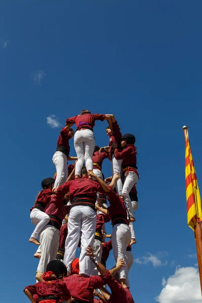 Barcelona, Katalonya, İspanya, 11 Eylül 2017: Catalunya'nın bağımsızlığını ralli desteği ulusal gün boyunca Castellers. Katalonya gelen bir gelenek Castellers.