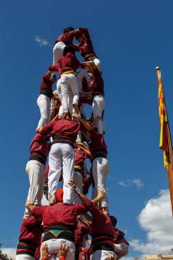 Barcelona, Katalonya, İspanya, 11 Eylül 2017: Catalunya'nın bağımsızlığını ralli desteği ulusal gün boyunca Castellers. Katalonya gelen bir gelenek Castellers.