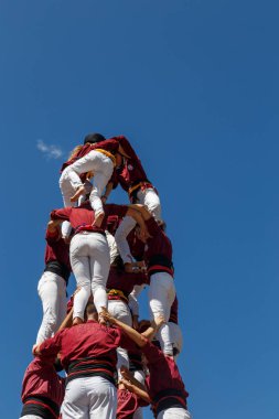 Barcelona, Katalonya, İspanya, 11 Eylül 2017: Catalunya'nın bağımsızlığını ralli desteği ulusal gün boyunca Castellers. Katalonya gelen bir gelenek Castellers.