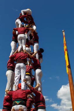 Barcelona, Katalonya, İspanya, 11 Eylül 2017: Catalunya'nın bağımsızlığını ralli desteği ulusal gün boyunca Castellers. Katalonya gelen bir gelenek Castellers.