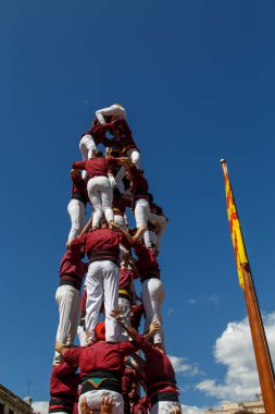 Barcelona, Katalonya, İspanya, 11 Eylül 2017: Catalunya'nın bağımsızlığını ralli desteği ulusal gün boyunca Castellers. Katalonya gelen bir gelenek Castellers.