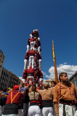 Barcelona, Katalonya, İspanya, 11 Eylül 2017: Catalunya'nın bağımsızlığını ralli desteği ulusal gün boyunca Castellers. Katalonya gelen bir gelenek Castellers.