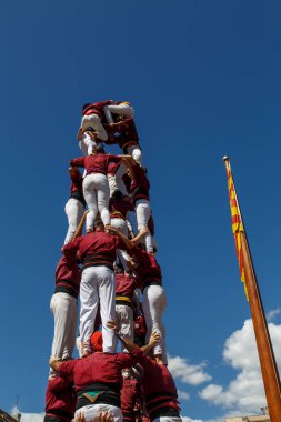 Barcelona, Katalonya, İspanya, 11 Eylül 2017: Catalunya'nın bağımsızlığını ralli desteği ulusal gün boyunca Castellers. Katalonya gelen bir gelenek Castellers.