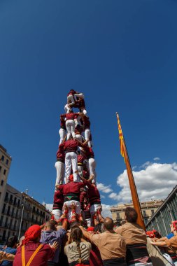 Barcelona, Katalonya, İspanya, 11 Eylül 2017: Catalunya'nın bağımsızlığını ralli desteği ulusal gün boyunca Castellers. Katalonya gelen bir gelenek Castellers.