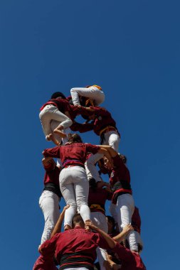 Barcelona, Katalonya, İspanya, 11 Eylül 2017: Catalunya'nın bağımsızlığını ralli desteği ulusal gün boyunca Castellers. Katalonya gelen bir gelenek Castellers.