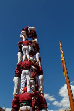 Barcelona, Katalonya, İspanya, 11 Eylül 2017: Catalunya'nın bağımsızlığını ralli desteği ulusal gün boyunca Castellers. Katalonya gelen bir gelenek Castellers.
