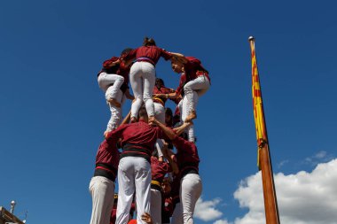 Barcelona, Katalonya, İspanya, 11 Eylül 2017: Catalunya'nın bağımsızlığını ralli desteği ulusal gün boyunca Castellers. Katalonya gelen bir gelenek Castellers.