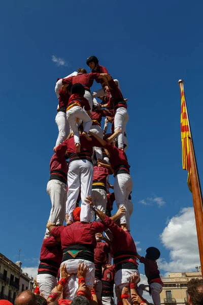 Barcelona, Katalonya, İspanya, 11 Eylül 2017: Catalunya'nın bağımsızlığını ralli desteği ulusal gün boyunca Castellers. Katalonya gelen bir gelenek Castellers.