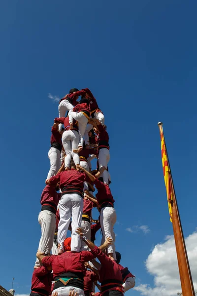 Barcelona, Katalonya, İspanya, 11 Eylül 2017: Catalunya'nın bağımsızlığını ralli desteği ulusal gün boyunca Castellers. Katalonya gelen bir gelenek Castellers.
