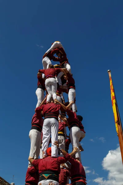 Barcelona, Katalonya, İspanya, 11 Eylül 2017: Catalunya'nın bağımsızlığını ralli desteği ulusal gün boyunca Castellers. Katalonya gelen bir gelenek Castellers.