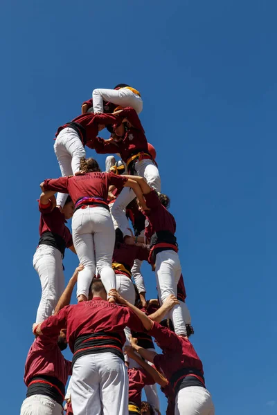 Barcelona, Katalonya, İspanya, 11 Eylül 2017: Catalunya'nın bağımsızlığını ralli desteği ulusal gün boyunca Castellers. Katalonya gelen bir gelenek Castellers.