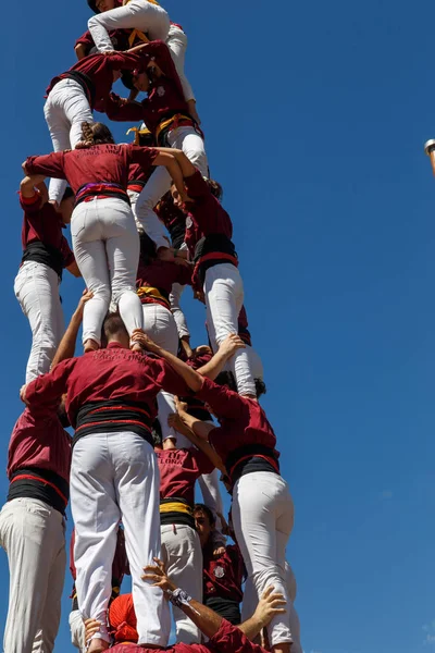 Barcelona, Katalonya, İspanya, 11 Eylül 2017: Catalunya'nın bağımsızlığını ralli desteği ulusal gün boyunca Castellers. Katalonya gelen bir gelenek Castellers.