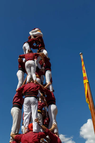 Barcelona, Katalonya, İspanya, 11 Eylül 2017: Catalunya'nın bağımsızlığını ralli desteği ulusal gün boyunca Castellers. Katalonya gelen bir gelenek Castellers.