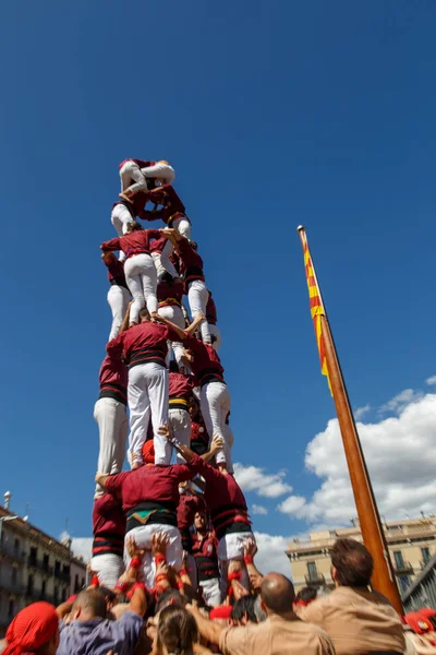Barcelona, Katalonya, İspanya, 11 Eylül 2017: Catalunya'nın bağımsızlığını ralli desteği ulusal gün boyunca Castellers. Katalonya gelen bir gelenek Castellers.