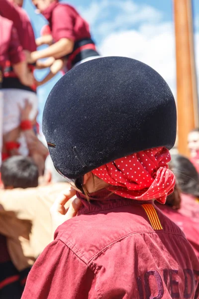 Barcelona, Katalonya, İspanya, 11 Eylül 2017: Catalunya'nın bağımsızlığını ralli desteği ulusal gün boyunca Castellers. Katalonya gelen bir gelenek Castellers.