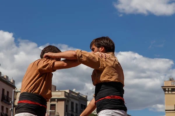 Barcelona, Katalonya, İspanya, 11 Eylül 2017: Catalunya'nın bağımsızlığını ralli desteği ulusal gün boyunca Castellers. Katalonya gelen bir gelenek Castellers.