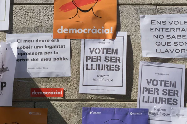 Barcelona Catalunha Setembro 2017 Banners Street Claming Justice Democracy Independence — Fotografia de Stock