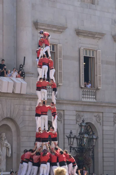 Barcelona Cataluña Septiembre 2017 Castellers Durante Celebración Merce Barcelona Plaza Imagen De Stock