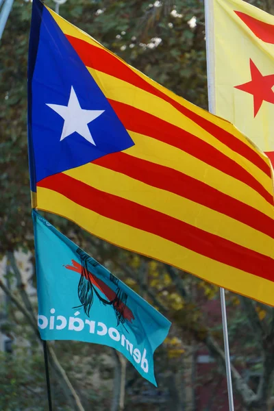 Barcelona Katalánsko Španělsko Října 2017 Vlajky Lidé Podpoře Rally Pro — Stock fotografie