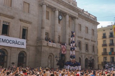 Barcelona, İspanya - 24 Eylül 2017: Castellers Barselona, kutlama.