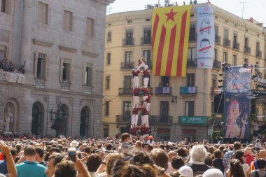 Barcelona, İspanya - 24 Eylül 2017: Castellers Barselona, kutlama.