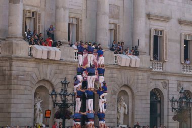 Barcelona, İspanya - 24 Eylül 2017: Castellers Barselona, kutlama.