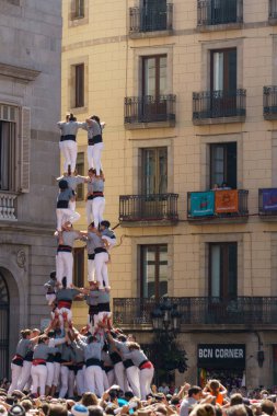 Barcelona, İspanya - 24 Eylül 2017: Castellers Barselona, kutlama.