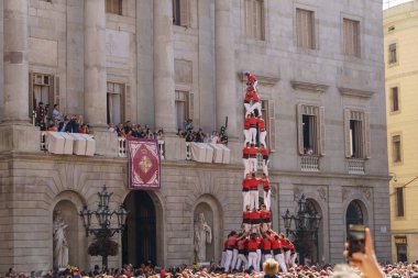 Barcelona, İspanya - 24 Eylül 2017: Castellers Barselona, kutlama.