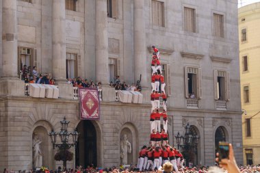 Barcelona, İspanya - 24 Eylül 2017: Castellers Barselona, kutlama.