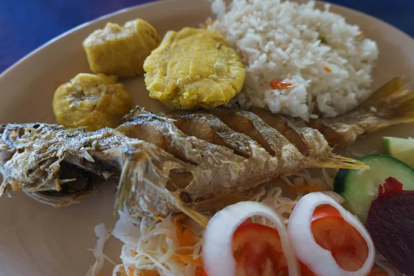 Rico Plato Tradicional Pescado Frito Arroz Ensalada — Foto de Stock