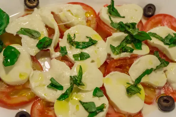 地中海食品 辣椒酱沙拉 西红柿 莫扎雷拉 罗勒与橄榄油 天然食品概念 — 图库照片