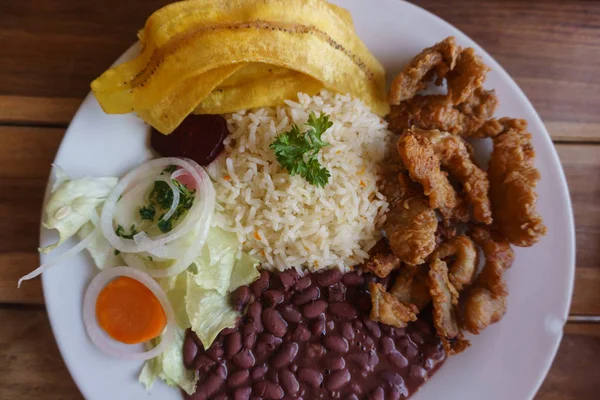 Κόστα Ρίκα Πιάτο Κρέας Ρύζι Και Φασόλια — Φωτογραφία Αρχείου